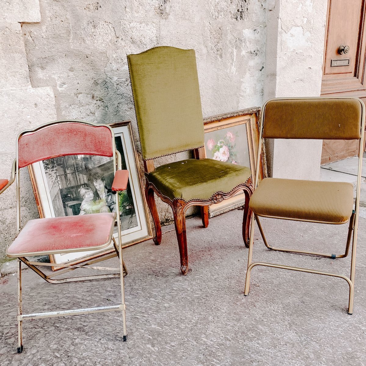 three assorted-color padded chairs