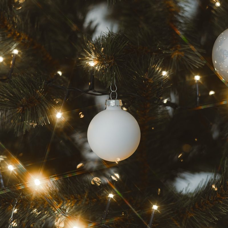 Close-up of a white ornament on a christmas tree.